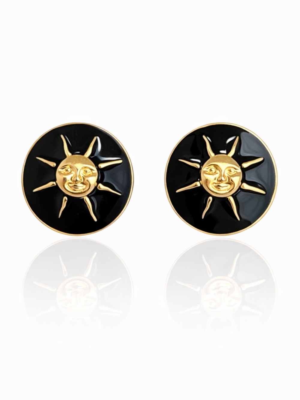 Gold Sunburst Black Enamel Stud Earrings